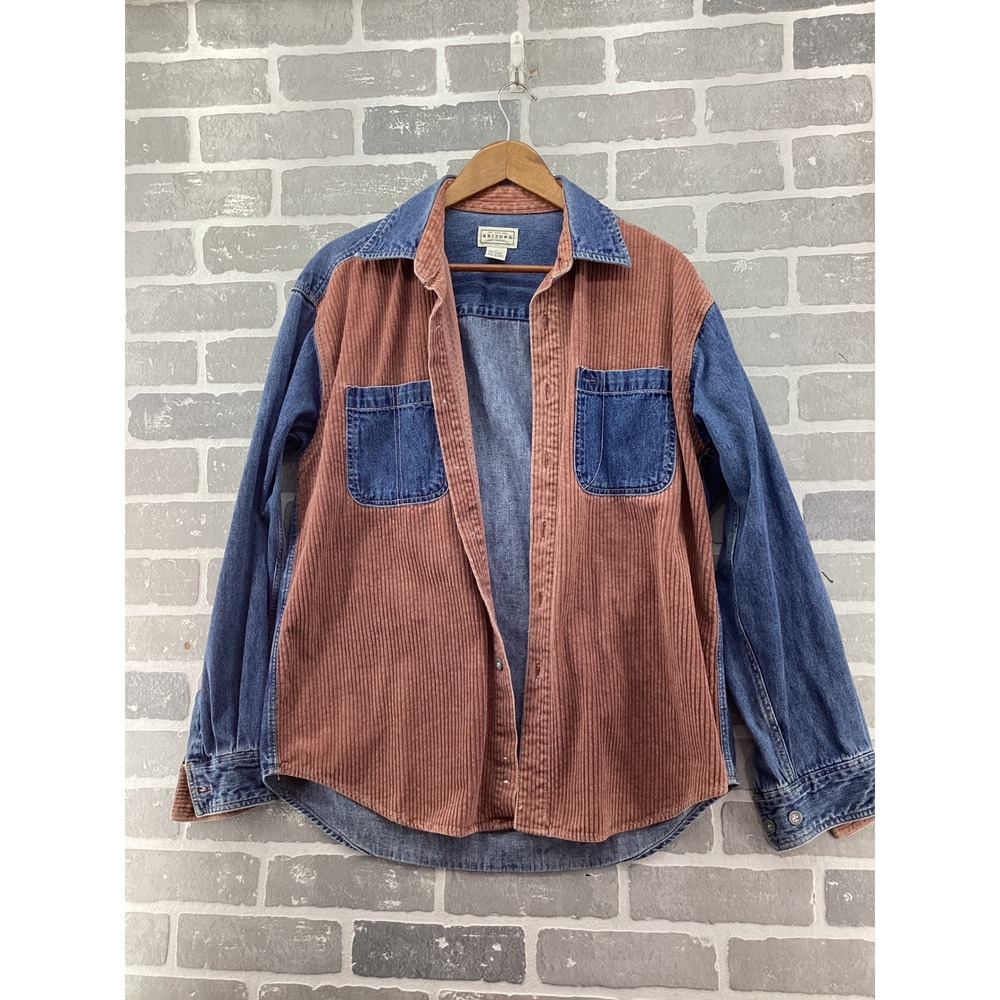 Arizona Jean Co Mixed Media Denim Corduroy Button Down Shirt Rust Blue Medium